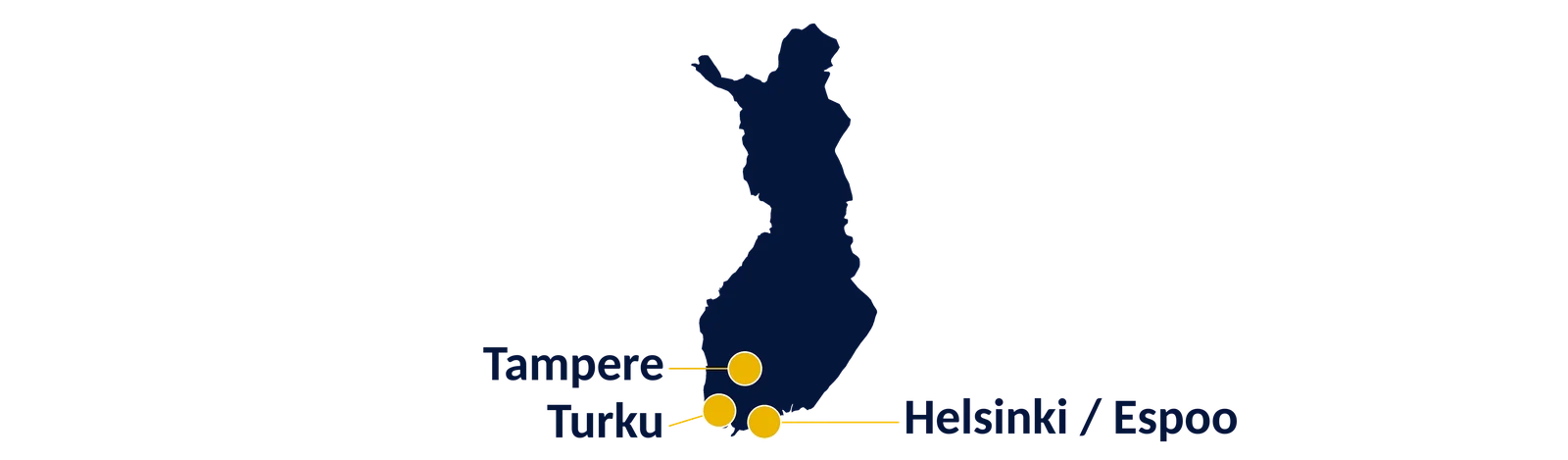 Map of SAP hubs in Finland: Helsinki / Espoo, Tampere, Turku