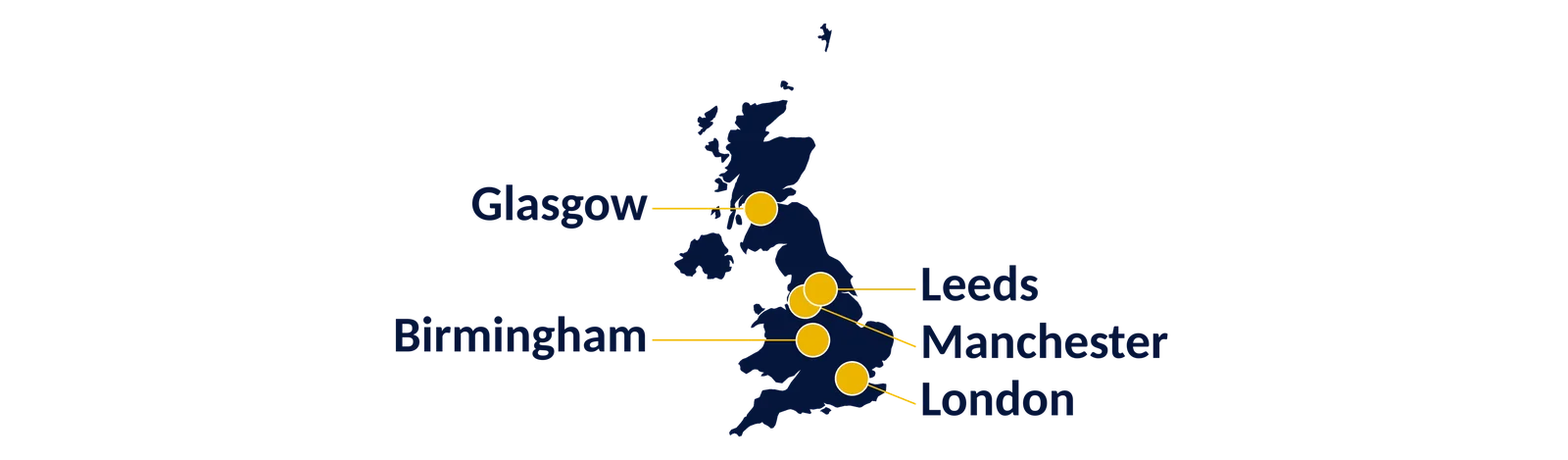 Map of SAP hubs in the United Kingdom: London, Manchester, Birmingham, Leeds, Glasgow
